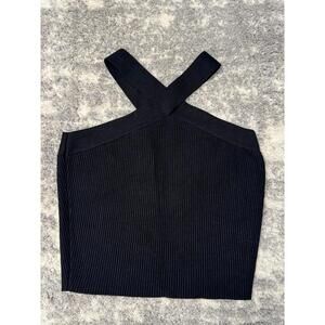 AQUA Women's Ribbed Knit Cross Strap Sleeveless Top - Size Small Black